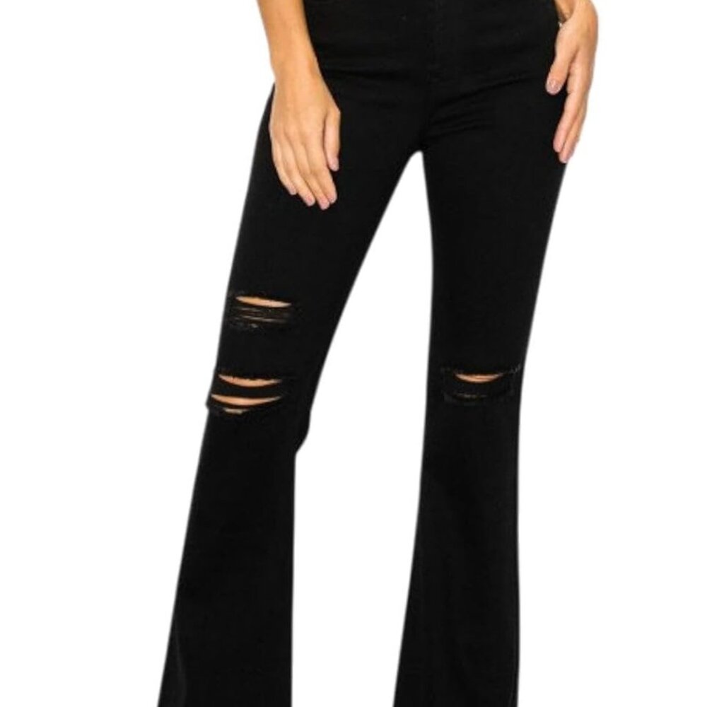 Wax Jean Destructed High Rise Flare Jeans in Vintage Medium Wash black Size 5/27 - Picture 3 of 6